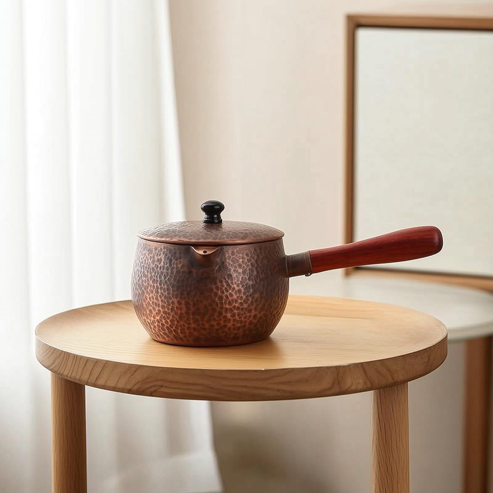 Teiera in Rame Martellato Teiera Bollitore Caraffa Infusiera con Manico in Legno Versamento Controllato Coperchio Sicuro Compatta Adatta per Servizio Del Tè Domestico Degustazioni Regalo