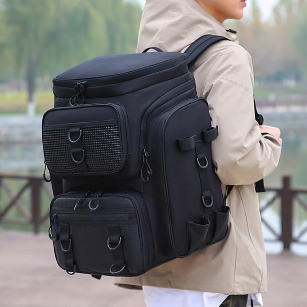 Mochila de pesca impermeable con almacenamiento robusto y soporte de caña para exploración al aire libre (negro)