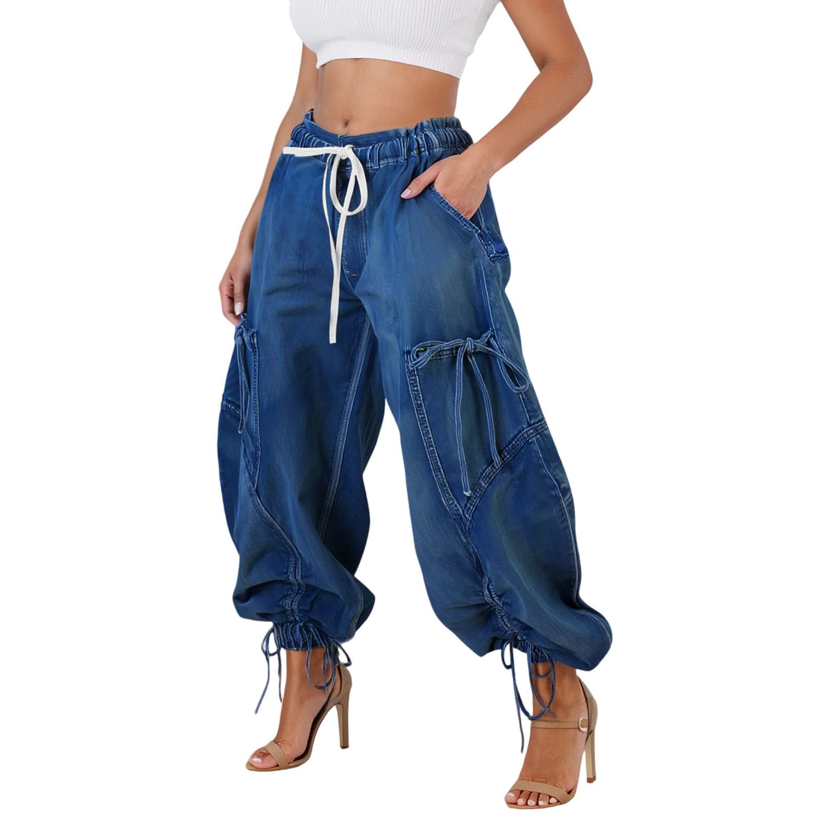 Genérico Vaquero Mujer - Vaqueros De Mujer Pitillo Pantalones Vaqueros Tobilleros Rectos con Cintura elástica y cordón Ajustable cómodos y Holgados