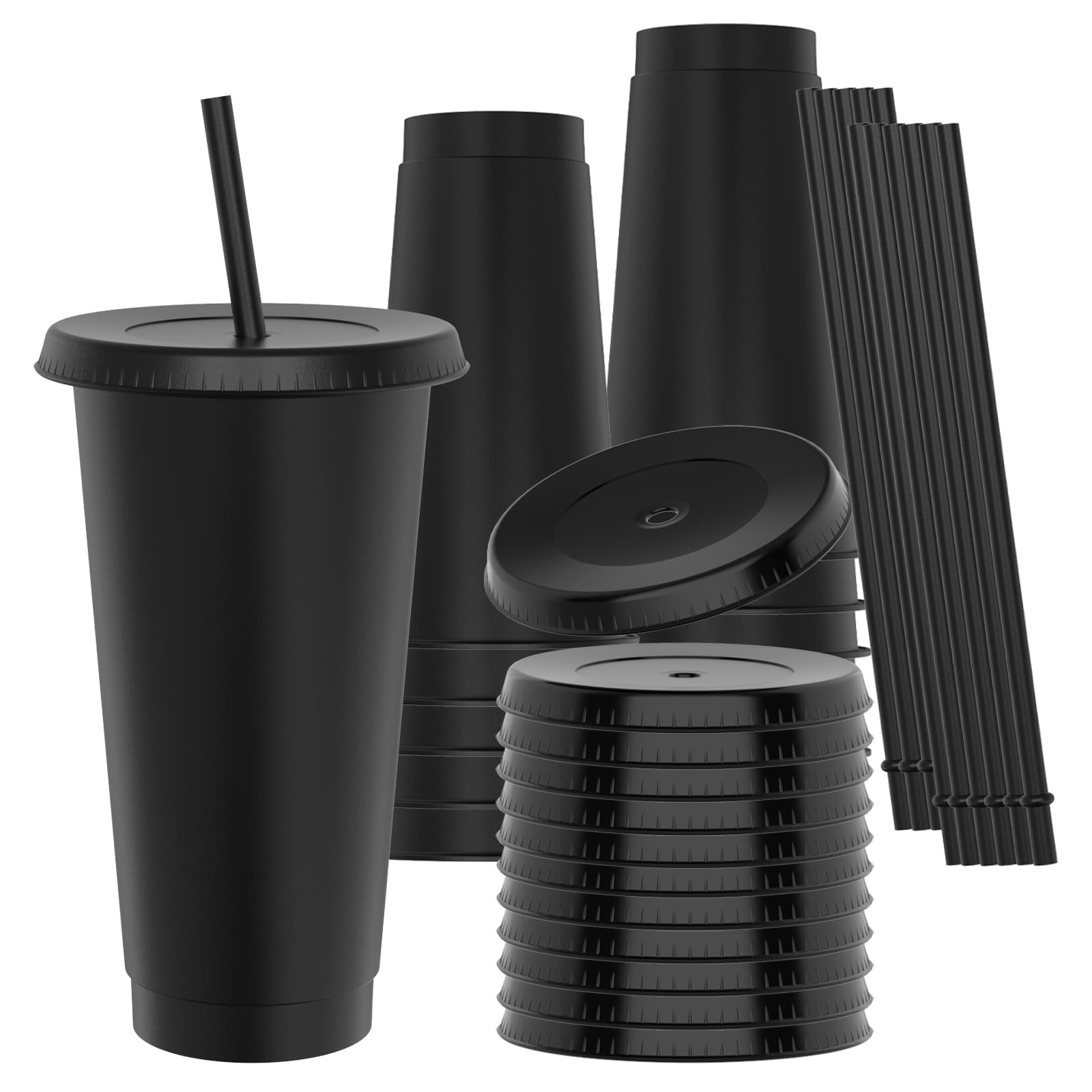 OZMOJOO 710 ml Plastic Cups with Lids and Straws, Sturdy & Food-Safe Iced Coffee Cups with Lid, Plastic Tumbler Reusable, Drinking Cups for Cold Drinks, Milkshakes, Smoothies - Black(12 Sets)