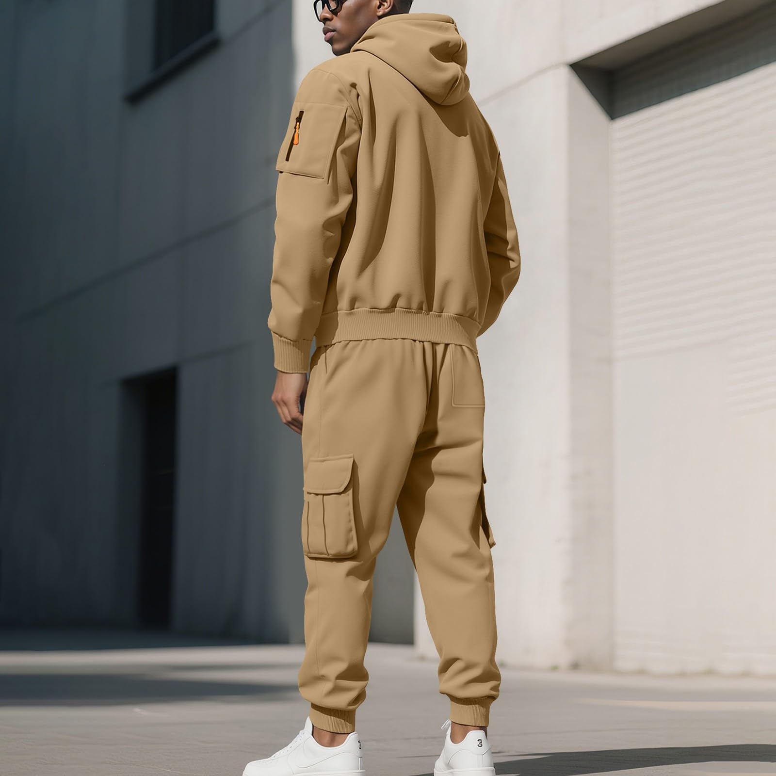 Generisch Set sportivo in due pezzi, per uomo, tuta da jogging, da uomo, in cotone, per il tempo libero, con cappuccio e pantaloni cargo, felpa sportiva