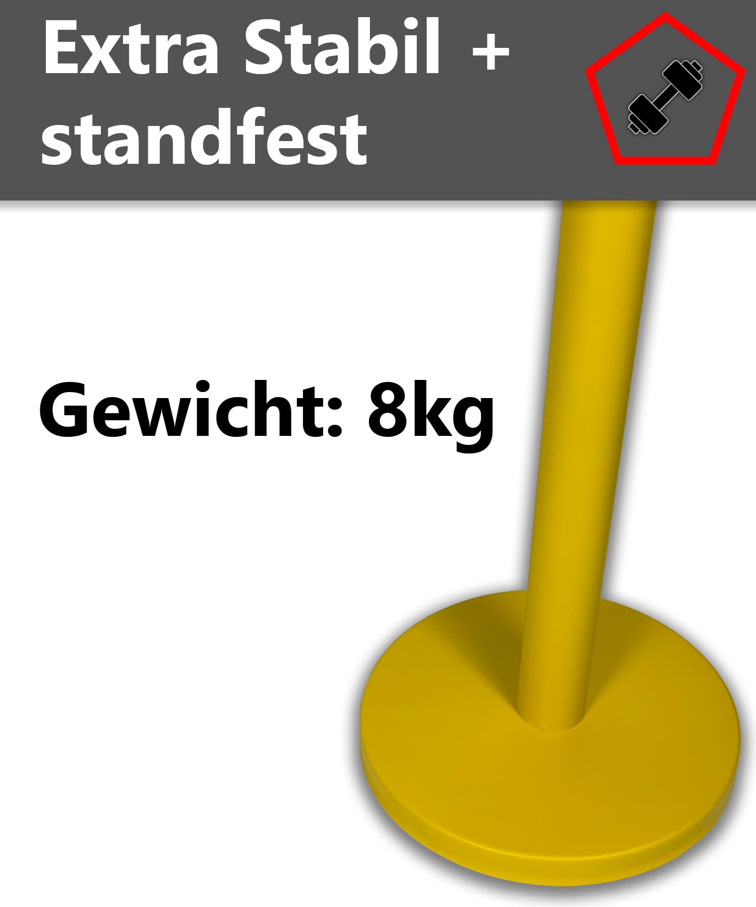 UvV BounceLine Personenleitsystem, Absperrpfosten, Edelstahl gelb beschichtet, 2 Pfosten 90 cm Hoch je 3 m Gewebeband (Stahl 8 kg (Heavy), gelb schwarz/gelb)