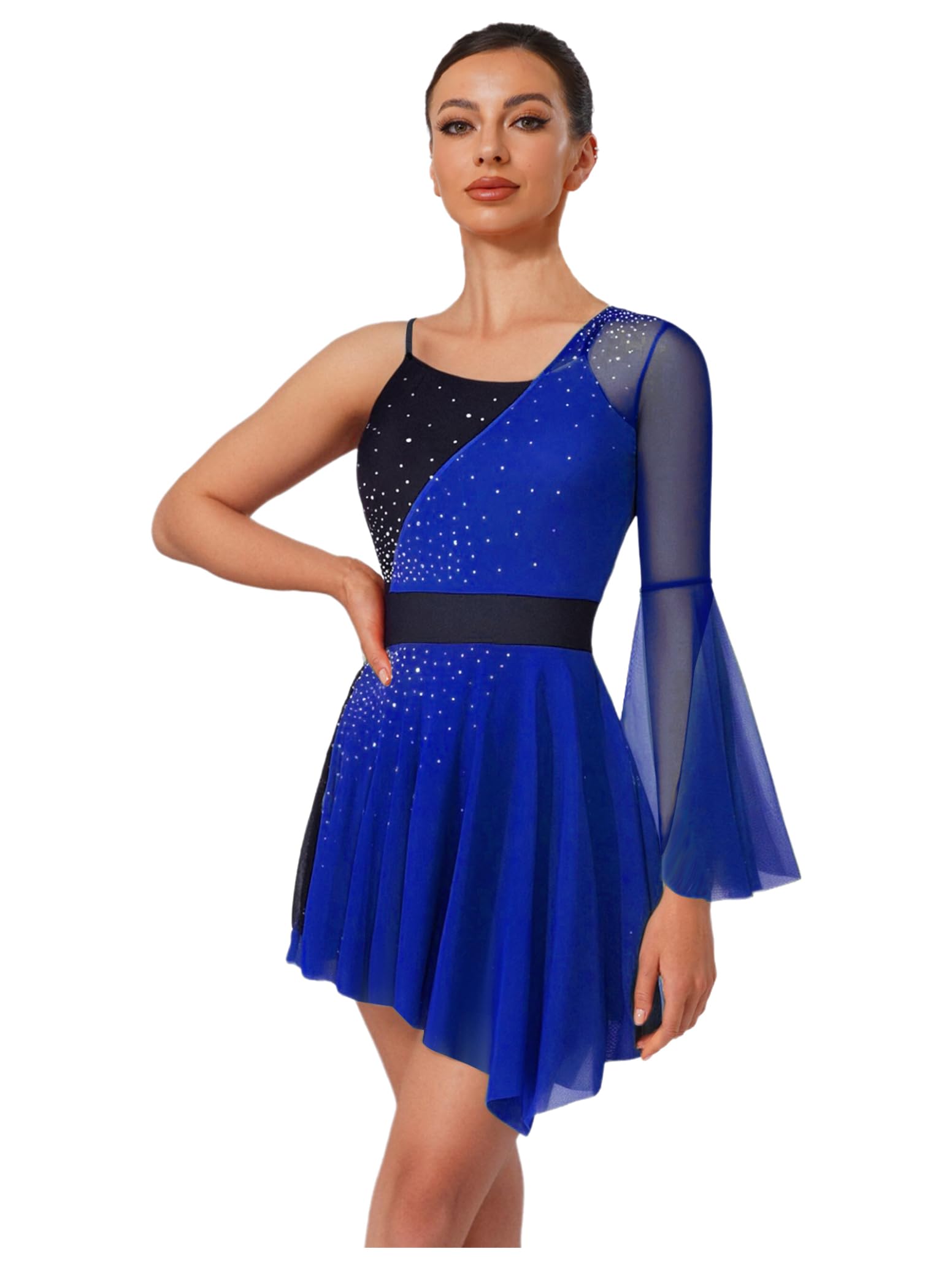inlzdz Damen Ballettkleid Langarm Tanzanzug Eiskunstlauf Kleid mit Glitzern Trikot Leotard Elegant Tanzkleidung Modern Dance Outfit