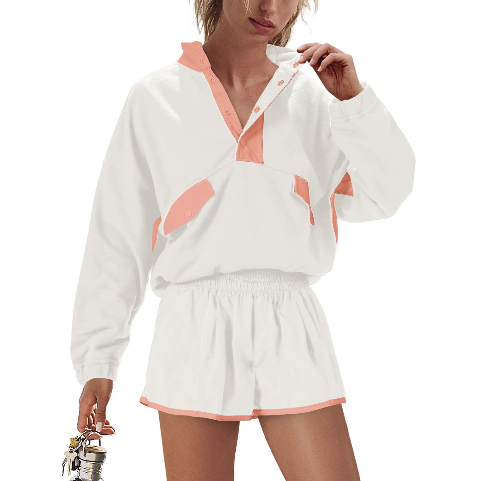 Half Zip Activewear Set Women Sporty Color Block Pullover and Shorts Utility Two Piece Athletic Outfits