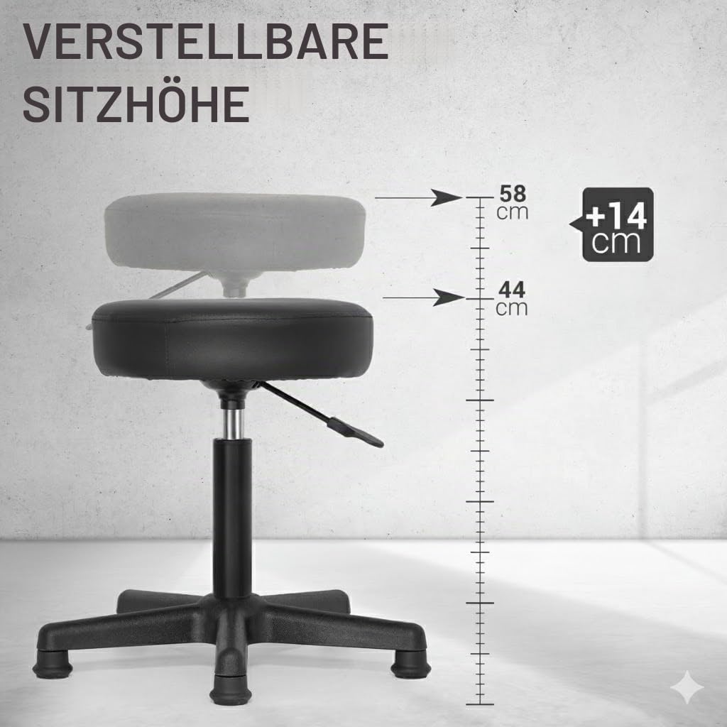 Waytex Drehbarer Hocker ohne Rollen - Höhenverstellbar 44-58 cm - Feste Füße - Bequemer Sitz Kunstleder Schwarz - Stabil für Heim und Arbeitsplatz