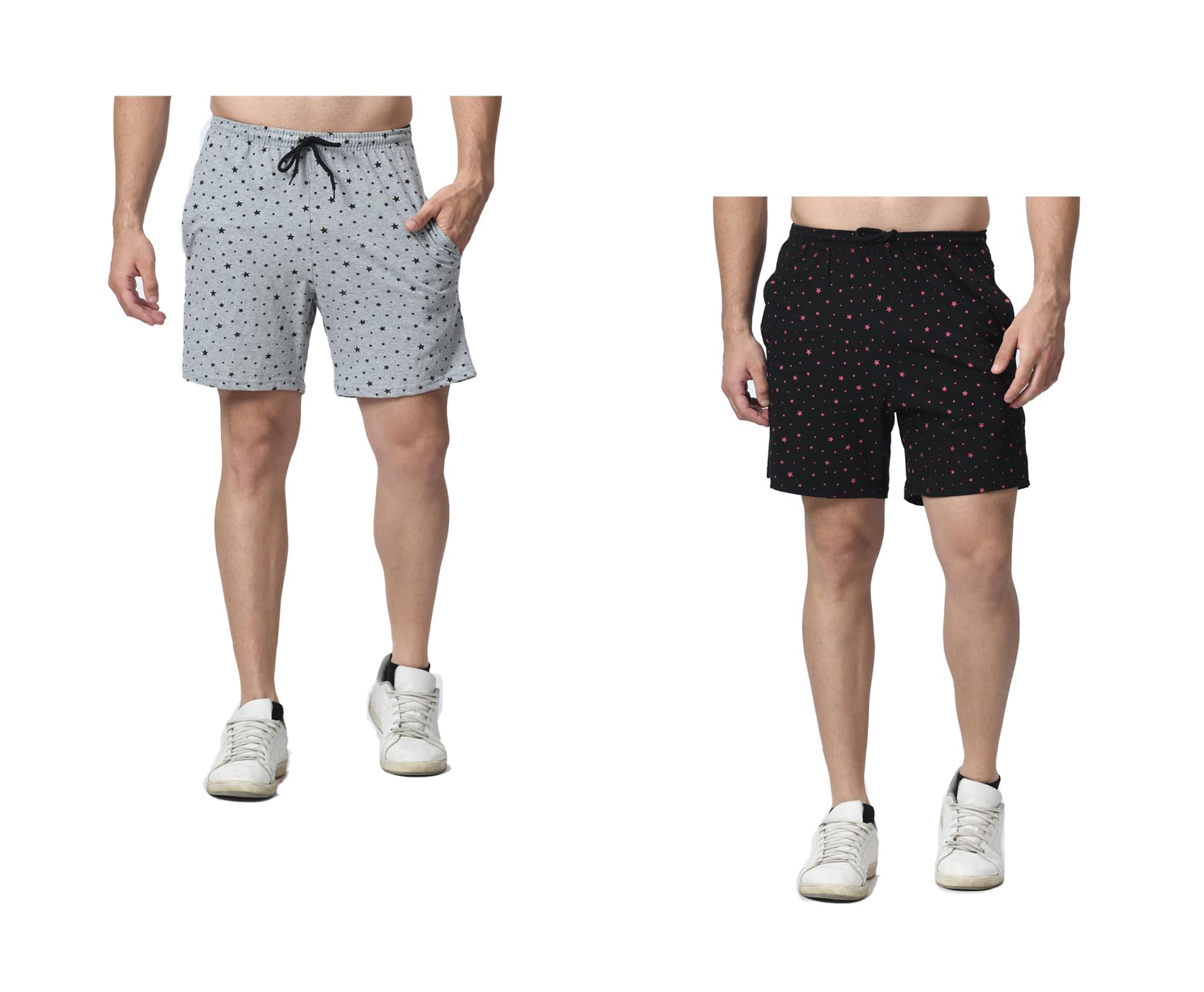 Men Cotton Star Printed Regular Bermuda Shorts (Pack of 2) Grey,Black-image-30