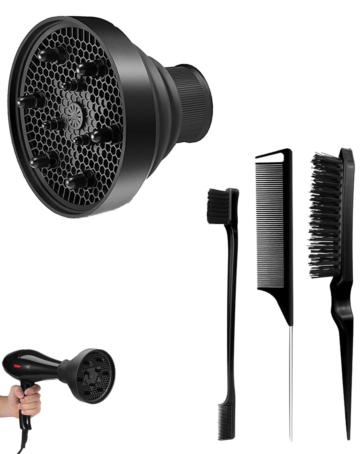 4PCS Comb Set, Diffuser for Curly Hair, Hair Diffuser, Blower, Diffuser Hair Dressing Styling Tool Usage at Home to Acheive Curl Defination, Hair Stylists Professional (Hair Diffuser 1+Hair Comb 3)