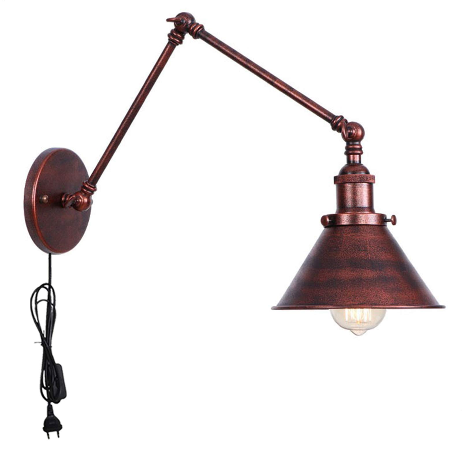 WXKAGF Lampada da Parete Industriale a Braccio Lungo Color ruggine con Interruttore, Lampada da Parete per Camera da Letto retrò E27 con Cavo e Spina, Applique Antica per Illuminazione del corridoio