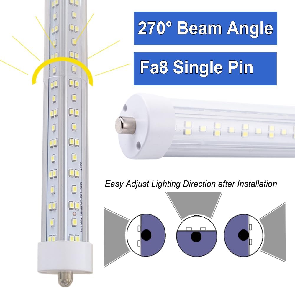 12Pack 8Ft Led Ballast Bypass Bulbs Single Pin 144W, F96t12 Led Replacement Single Pin FA8 8 Foot Shop Lights 18000LM, T8 T0 T12 Tube Lights 6500K Clear Cover NO RF FM Interference