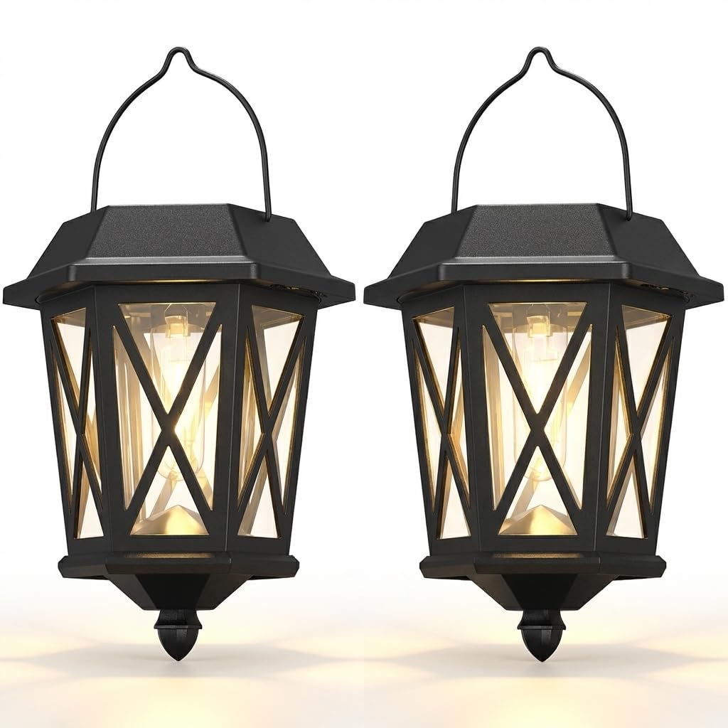 Solar Wall Lantern Lights 2 Pack,Outdoor Hanging Solar Lights Decoration,Anti-Rust & Waterproof Stainless Wall Lights,Powder Coat Black + UV Protection with Glass Lampshade,3000K Warm-image-4