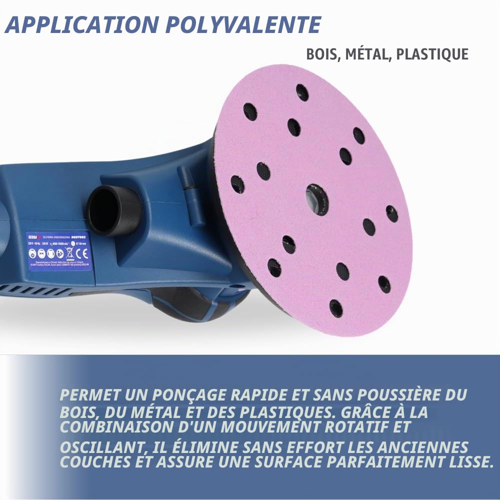 DEDRA Ponceuse excentrique 350 W, Ø 150 mm – Sans brosse, vitesse de rotation réglable 4000–10000 tr/min, aspiration de la poussière, design ergonomique avec poignée douce, kit d'accessoires inclus