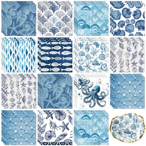 Yexiya 36 Sheet 6 Style Coastal Beach Paper Napkins for Decoupage Ocean Blue White Marine Life Decorative Cocktail Napkin for DIY Crafting Project Furniture Home Party Table Decor Unfold 13x13 Inch