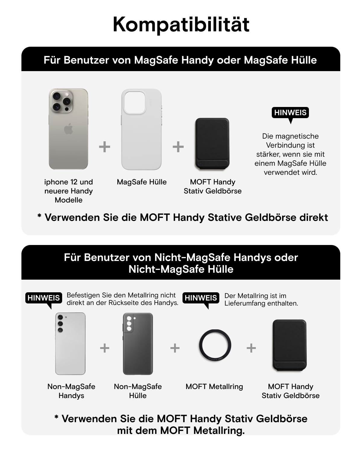 MOFT Kartenhalter & Handy Stativ Ständer, Kartenhalter Geldbörse mit Winkeleinstellung & Starken Magneten, Mini Selfie Stick Stativ für iPhone 17/16/15/14/13/12 Serie, Smartphone (Tiefes Schwarz)