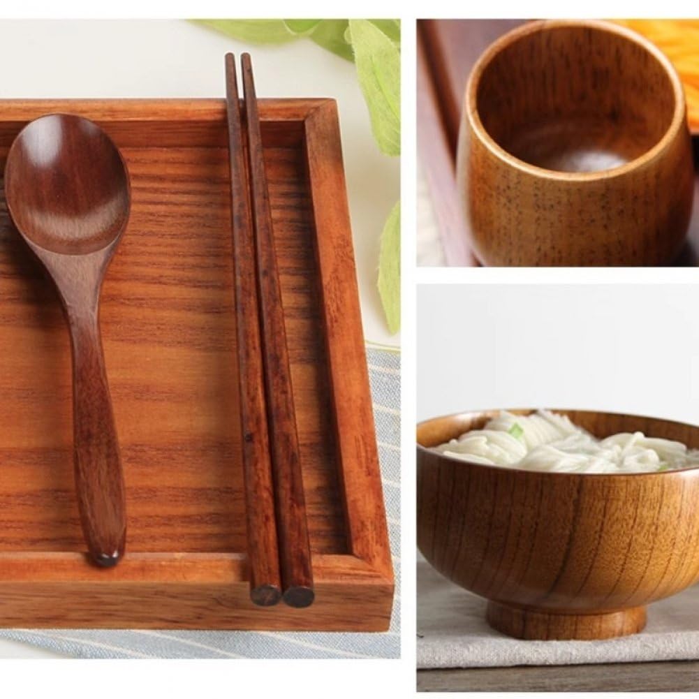 Ensemble De 1 Plateau en Bois Japonais avec Bols, Baguettes, Cuillères, Tasses Couverts Coréens Rectangulaires pour Cuisine.