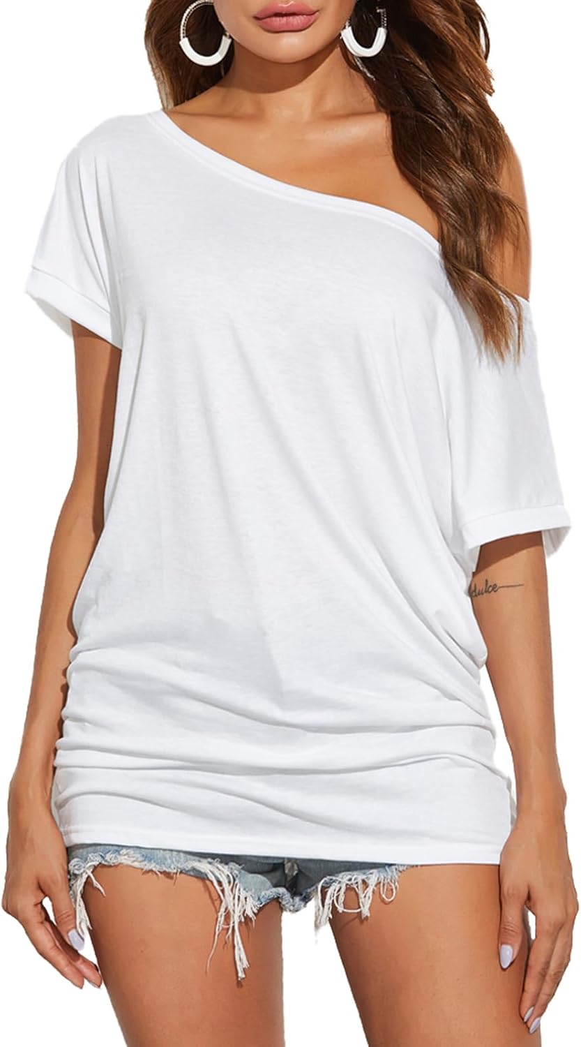 Poetsky Women's Summer Off Shoulder Shirts Casual Loose Short Sleeve Tunics Tops - Image 5