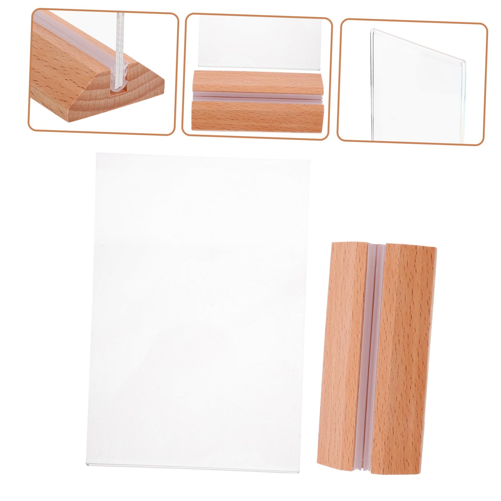 6 piezas Soporte de Señal Acrílico Doble Cara Transparente con Base de Madera de Haya de Unidades para Menús y Exhibición de Carteles Mesas Resistente y para Oficina y Restaurante