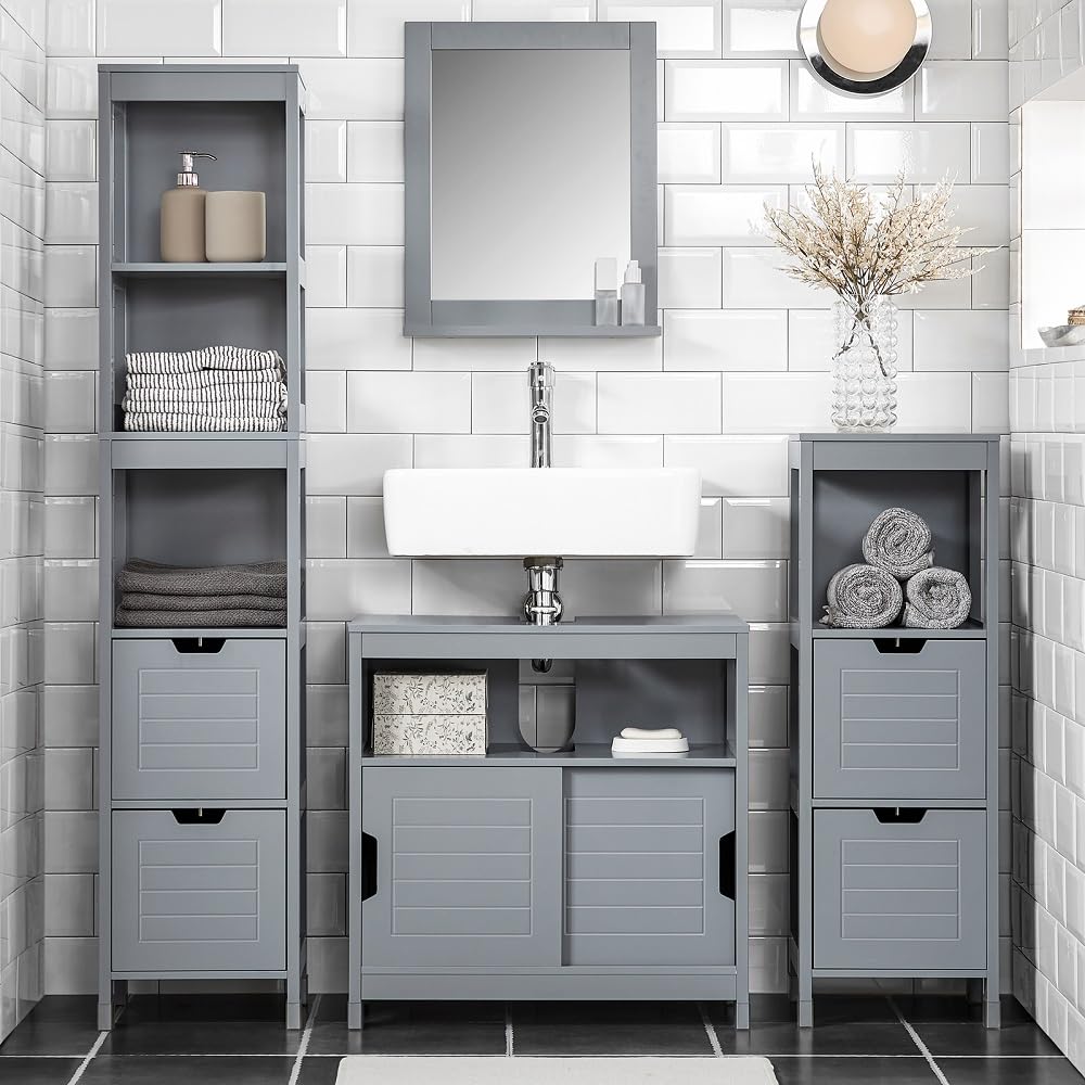 SoBuy Waschbeckenunterschrank Badezimmerschrank - Badschrank mit Fußpolster, Unterschrank Waschbecken - Kommode für Badezimmer, Badmöbel, Stahlgrau, 60x61x30 cm, FRG128-SG