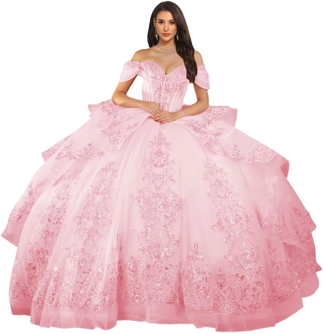 Ruffles Off Shoulder Wedding Dresses for Bride 2026 Puffy Tulle Ball Gown Laces Layered Sweet 16 Dresses