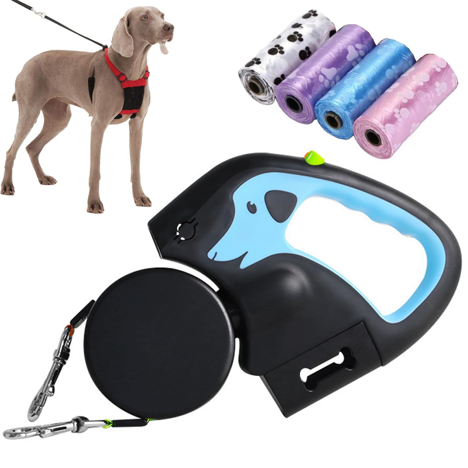 Correa para perro para entrenamiento de obediencia, mango doble de 10 pies de largo con luz LED y dispensador de bolsas para excrementos para control sin enredos