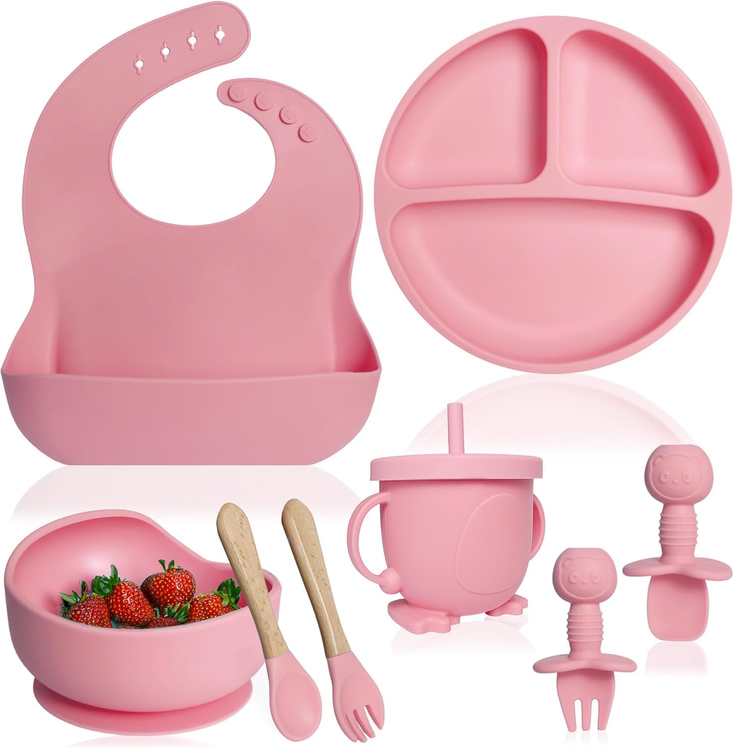 Qlect Silicone Baby Feeding Set, Baby Led Weaning Supplies, Eating Essentials Utensils with Suction Plate and Bowl, Pocket Bib, Sippy Cup with Lid, Forks Spoons for Baby&Toddler 6+ Months-image-42