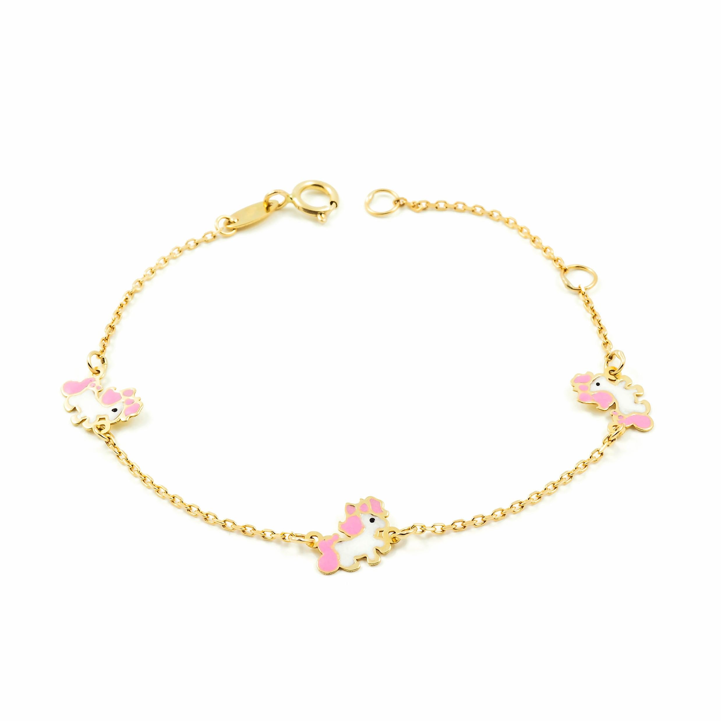 Monde Petit Bracciale bambina unicorni smaltato - oro giallo 9k (375) - Scatola Regalo - Certificato di garanzia