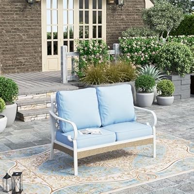 HERA'S HOUSE Patio Furniture Sofa, All-Weather 2-Seat Lover Sofa, Outdoor Couch with Deep Seating and Olefin Cushions for Lawn Garden Backyard Balcony, Blue