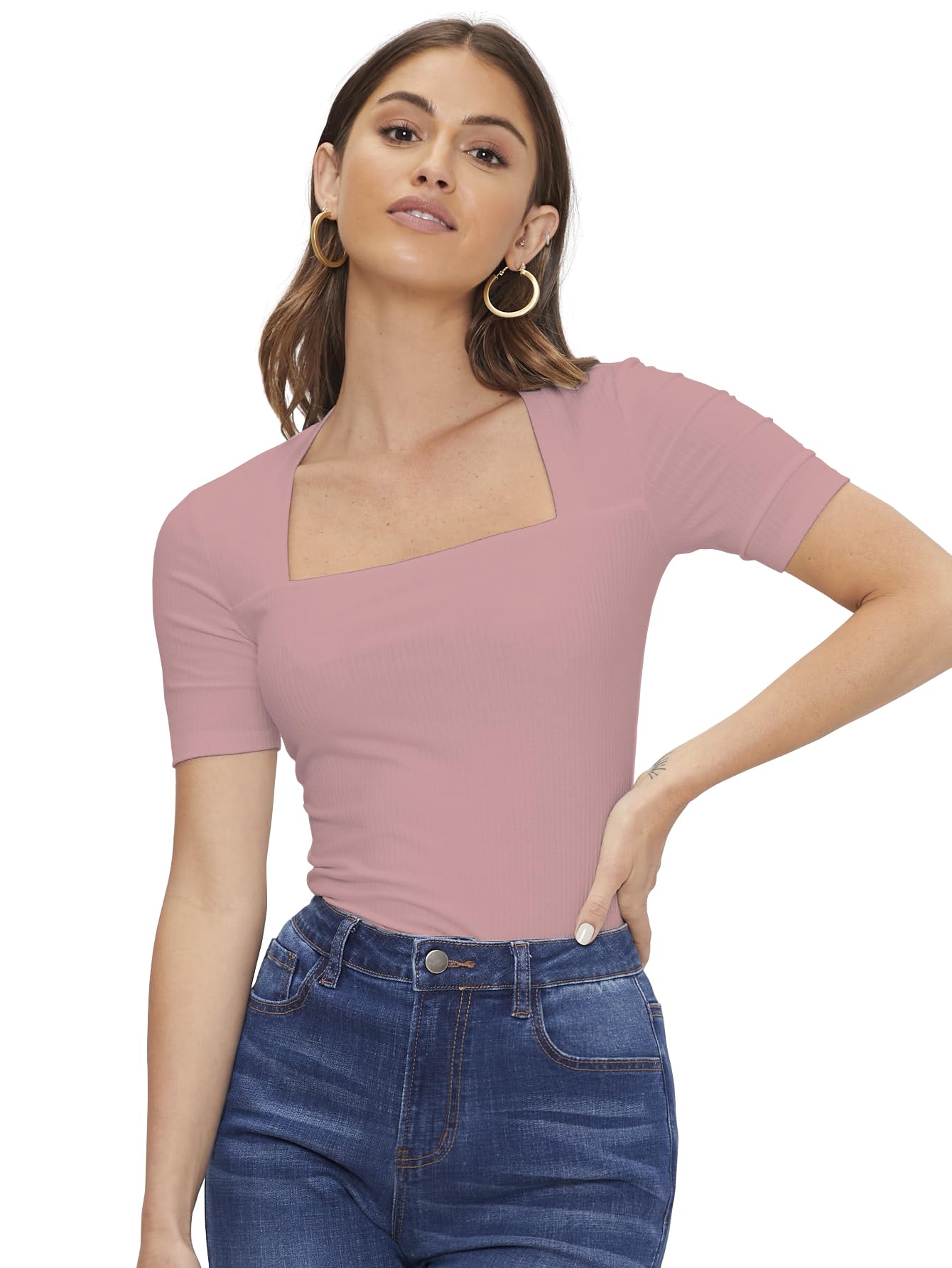 AVANOVAWomen's & Girl's Solid Knitted Square Neck T-Shirts Short Sleeve Tops (T-Shirt2 106)