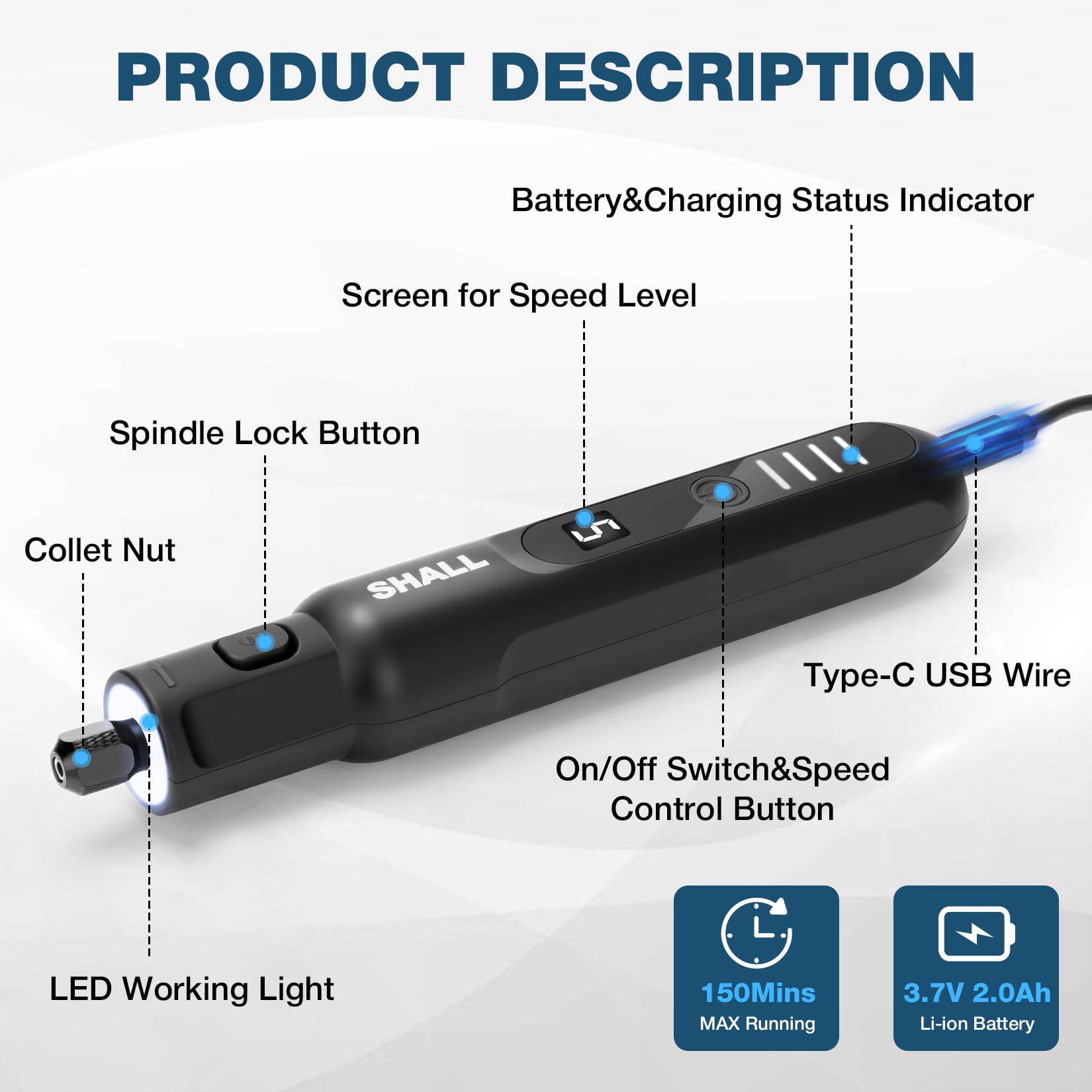 SHALL Utensile rotante senza fili da 3,7 V, 20000 giri/min, 5 velocità, kit smerigliatrice ricaricabile tramite USB con 70 accessori e luce LED, multiuso per levigatura