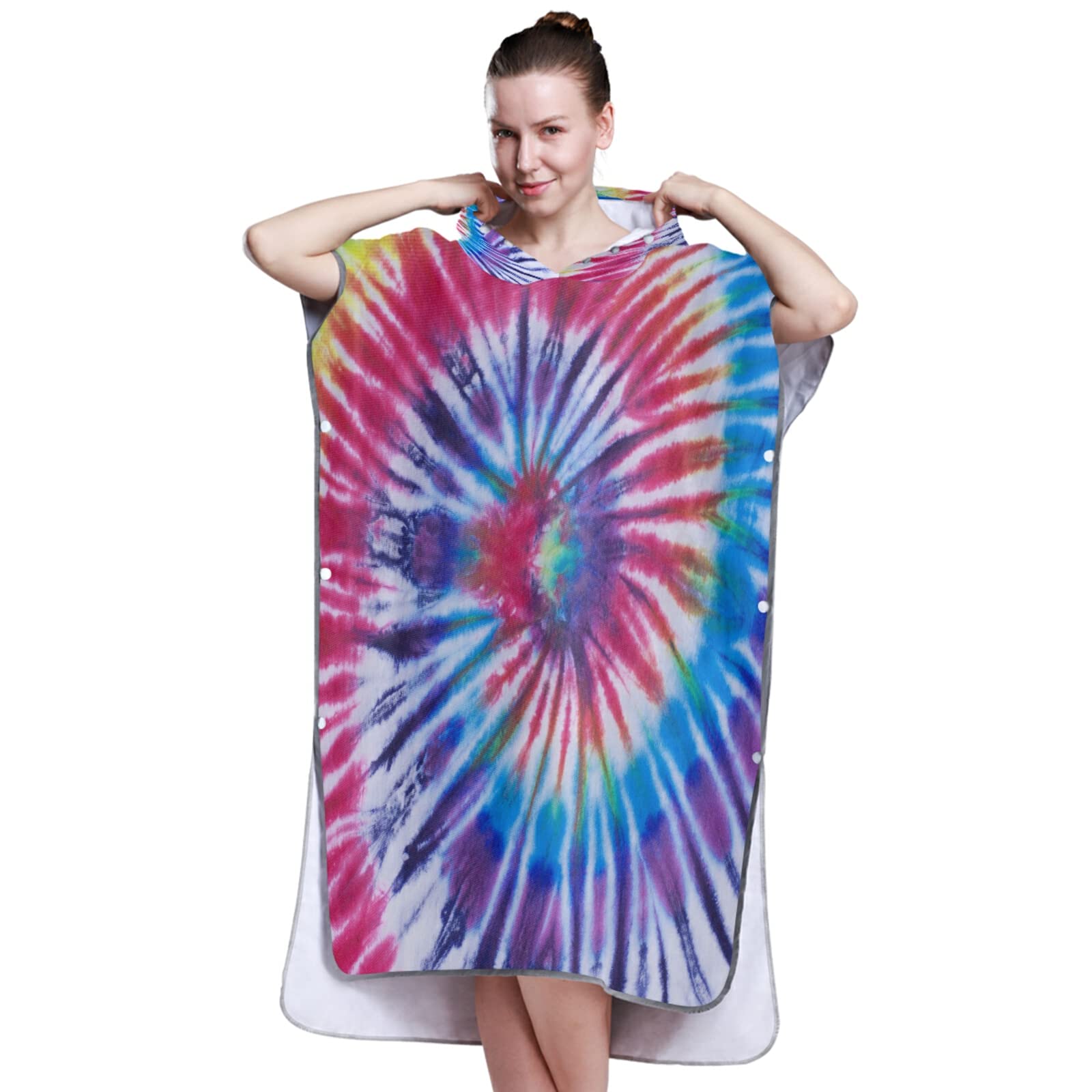 Hippie-Poncho mit Kapuze und Tasche, schnelltrocknender Bademantel, Mikrofaser-Handtuch, Neoprenanzug für Bad, Strand, Outdoor, Regenbogenfarben, Batikfärbung, Gelb, Rosa, Lila, Blau, Hippie-Poncho