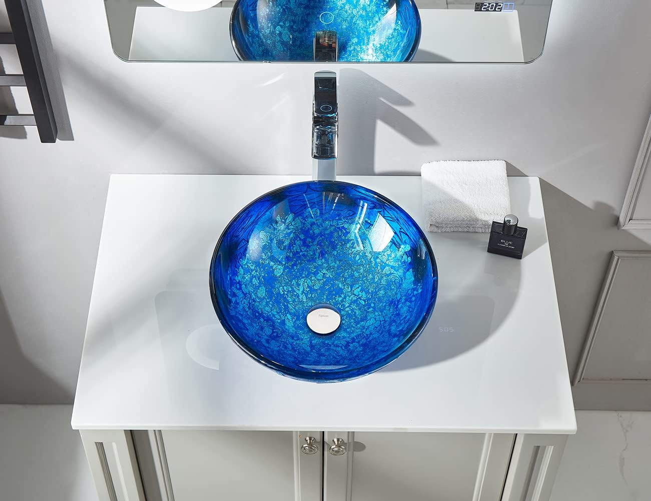 Blue OceanMystery Series Tempered Deco Glass Vessel Bathroom Sink in Starry Blue | Top Mount Sinks Above Countertop | Vanity Countertop Sink Bowl with Pop Up Drain |FW-LA604