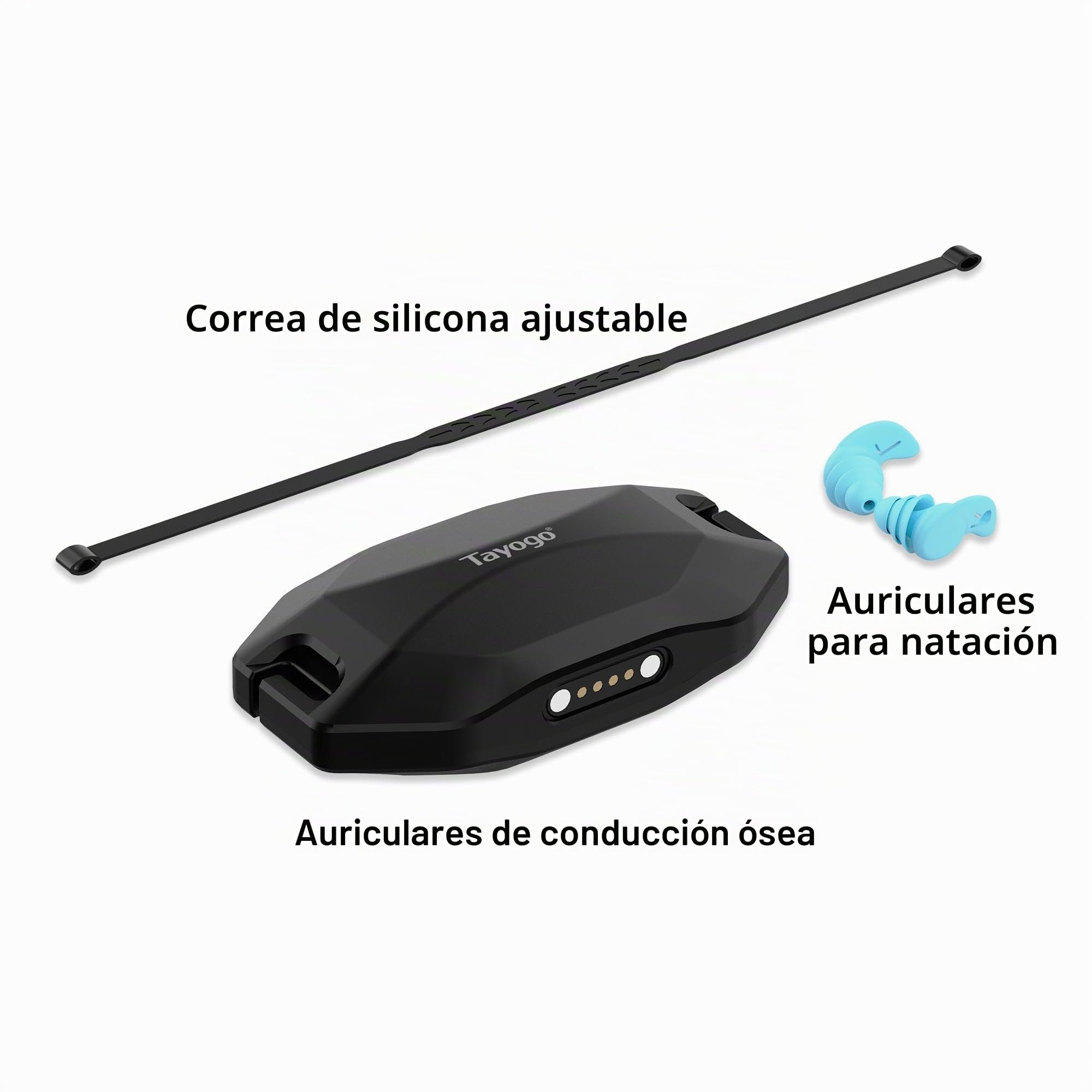 Tayogo Rock Pro Auriculares de Conducción Ósea Impermeables, 4 en 1 Abiertos para Natación, Running y Deporte con Bluetooth, MP3, Radio FM y Modo de Recepción (Negro)