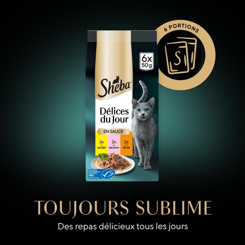 Sheba Délices du Jour Set de 12 x 6 Sachets Fraîcheur à La Volaille/aux Poissons en Sauce pour Chat 50 g