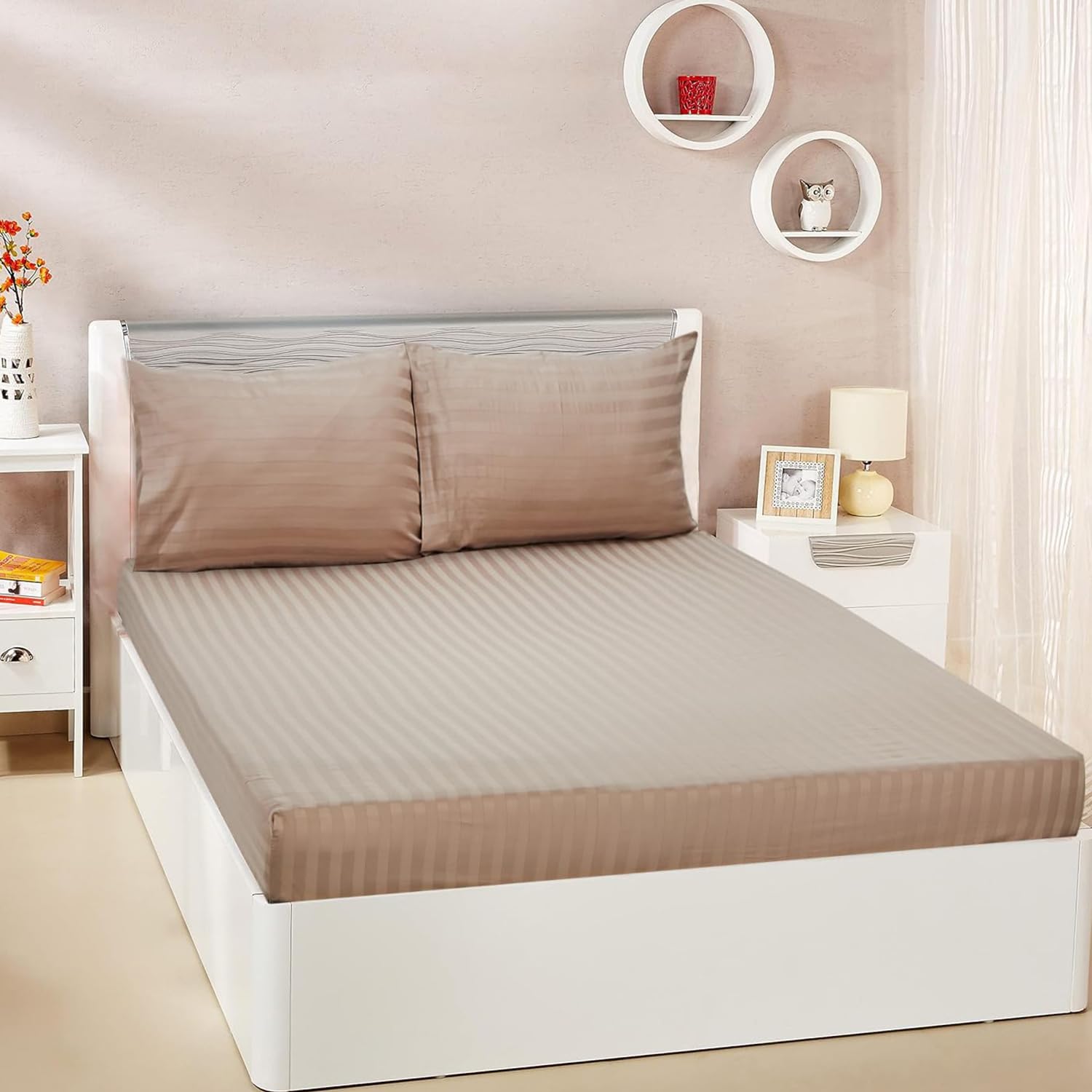 amazon basics 300 TC 100% Cotton Sateen Weave Fitted Bedsheet Set with 2 Pillow Covers | King Size (Beige) (B0D1JWX86D) Amazon Price History, Amazon Price Tracker
