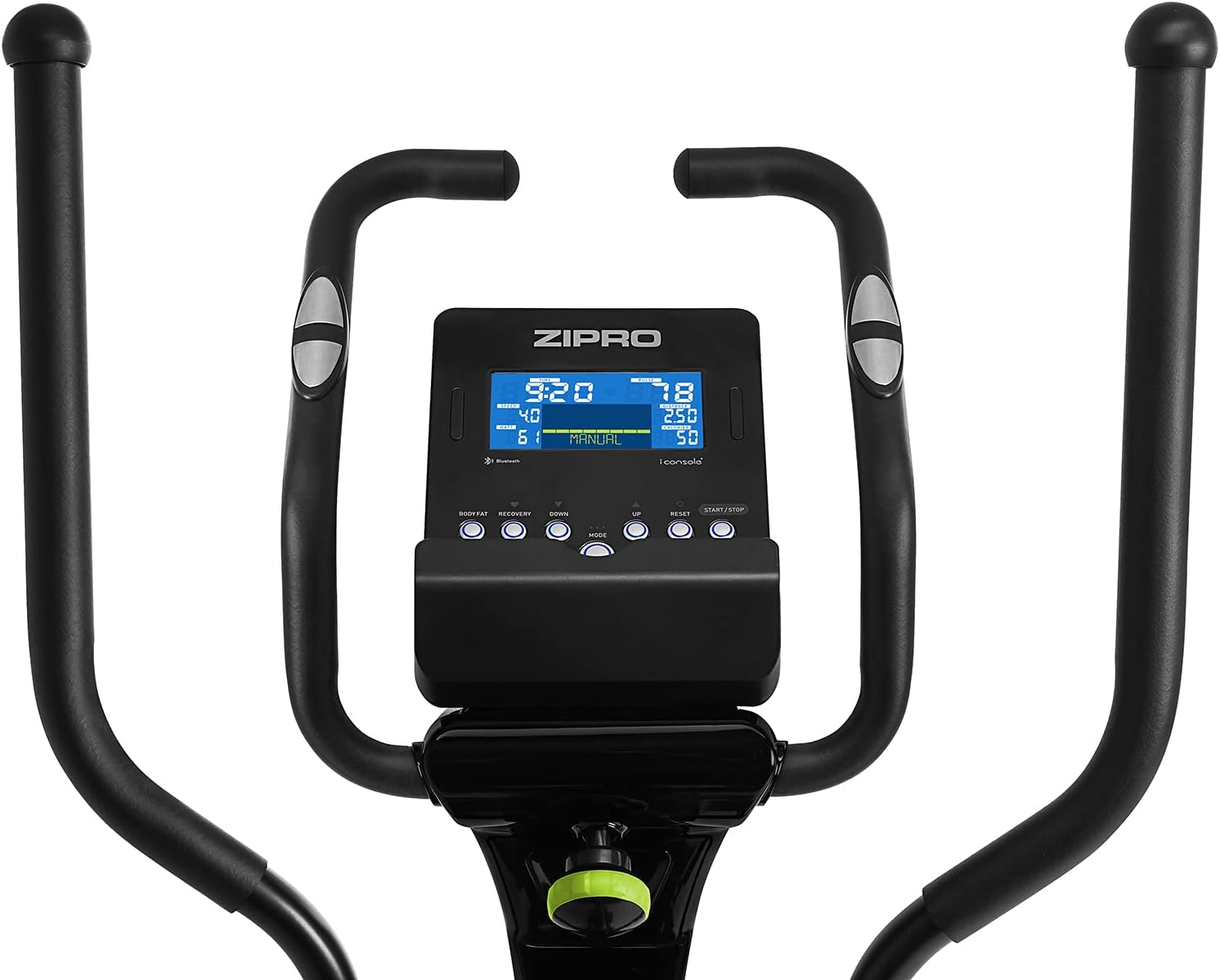 Front view of the elliptical trainer's console and handlebars, showing pulse sensors on the fixed handles.