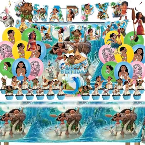 50Pcs Moana Birthday Party Supplies, Birthday Party Decorations Set Include Banner, Backdrop, Balloons, Hanging Swirls, Cake Cupcake Toppers, Tablecloth for Moana Party Decorations