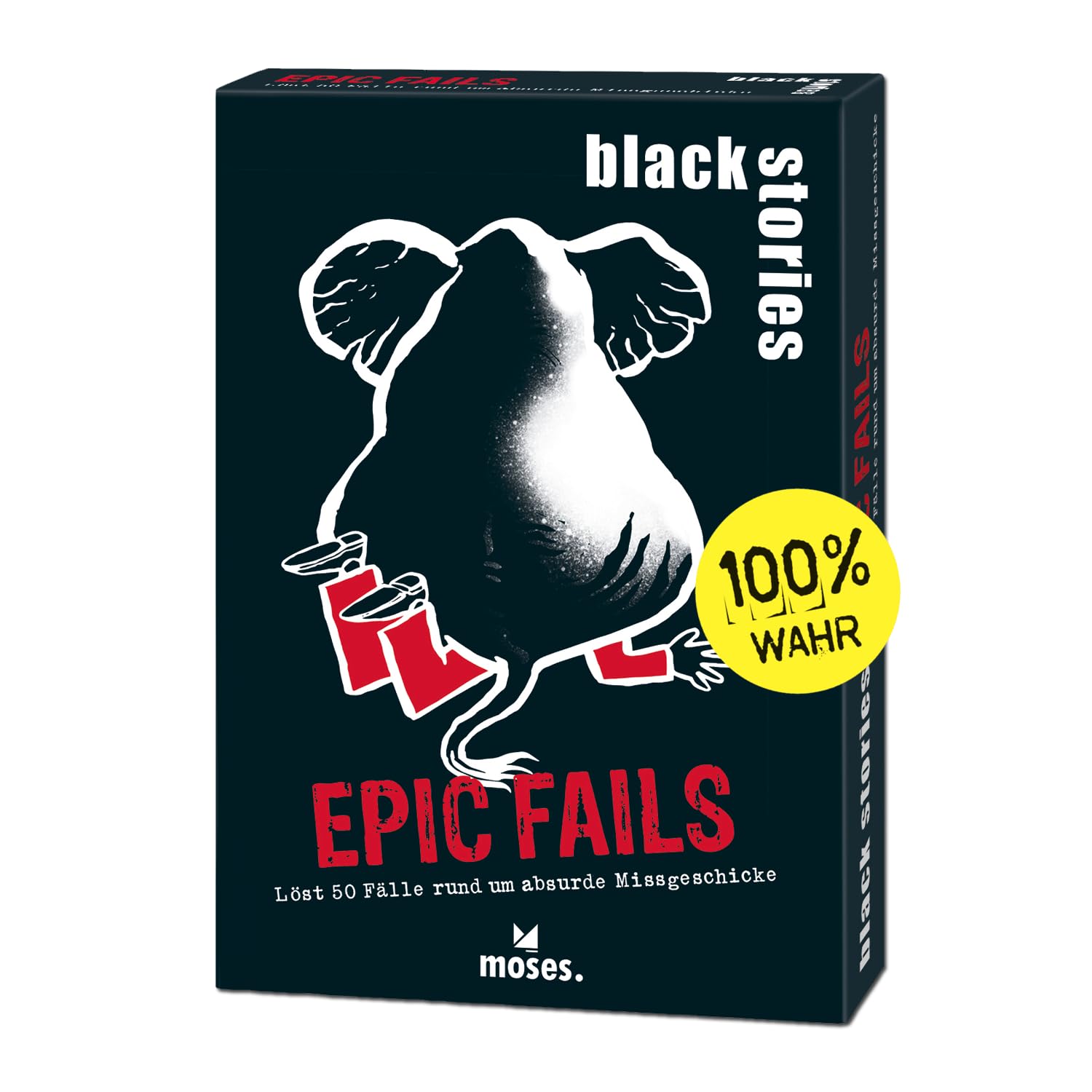 moses. Black Stories Epic Fails - 50 Puzzles with Real Cases Around Absurd Misadventures, Crime Card Game with Game Variant and Score Chips, Puzzle Game for Teenagers and Adults
