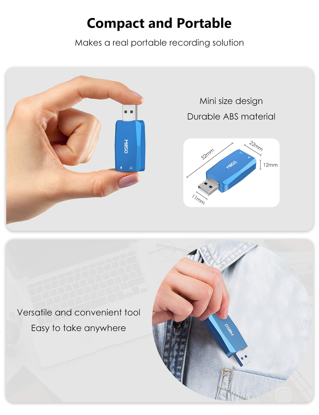 Tarjeta de sonido USB externa con función de grabación interna, adaptador USB portátil a conector de audio de 0.138 in para PC, computadora, grabación, entrenamiento, transmisión, podcasting, 9