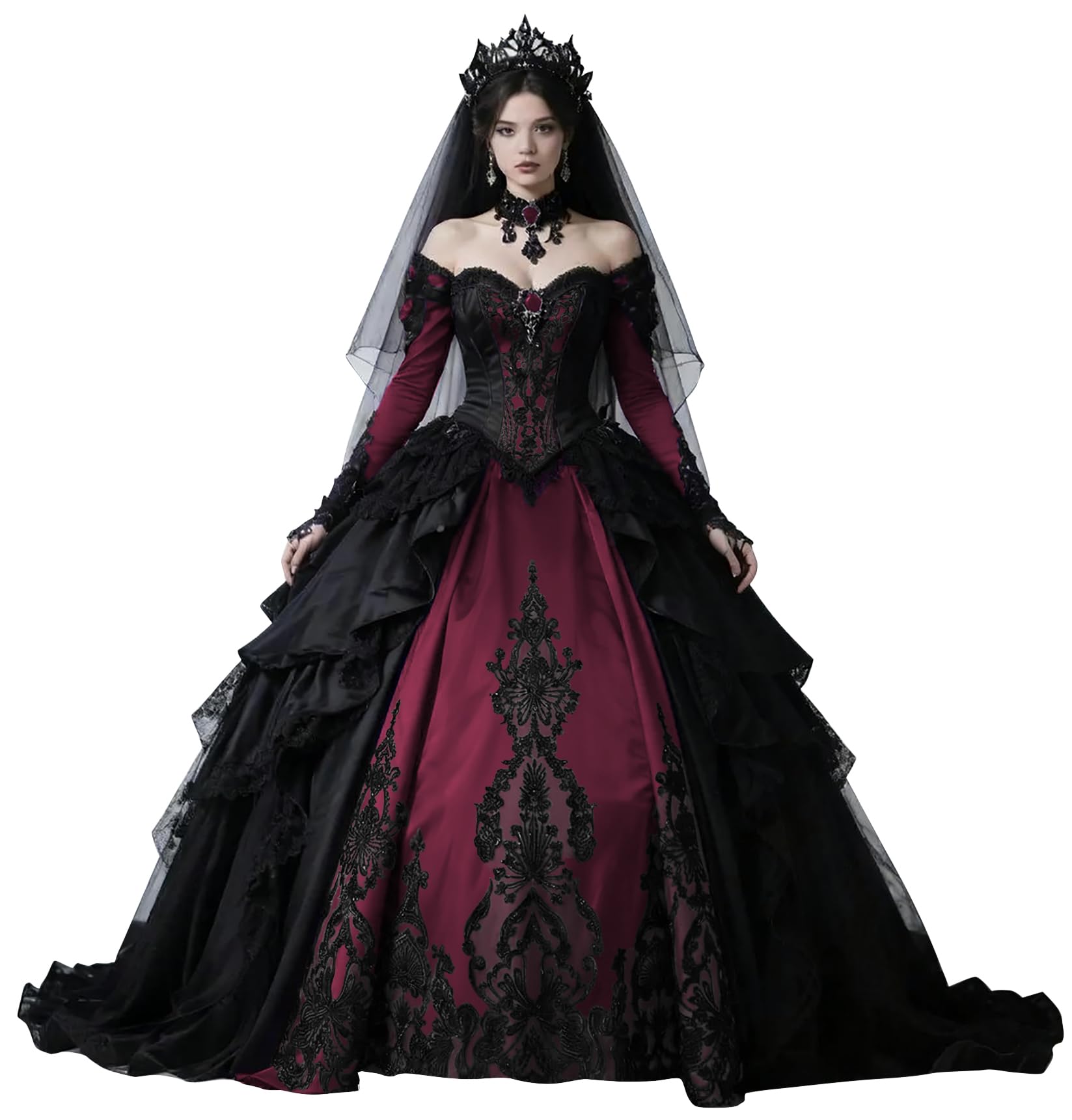 Zhangyo Gothic Wedding Dresses for Bride Black Long Sleeve Bridal Dresses Puffy Lace Satin Quinceanera Dress