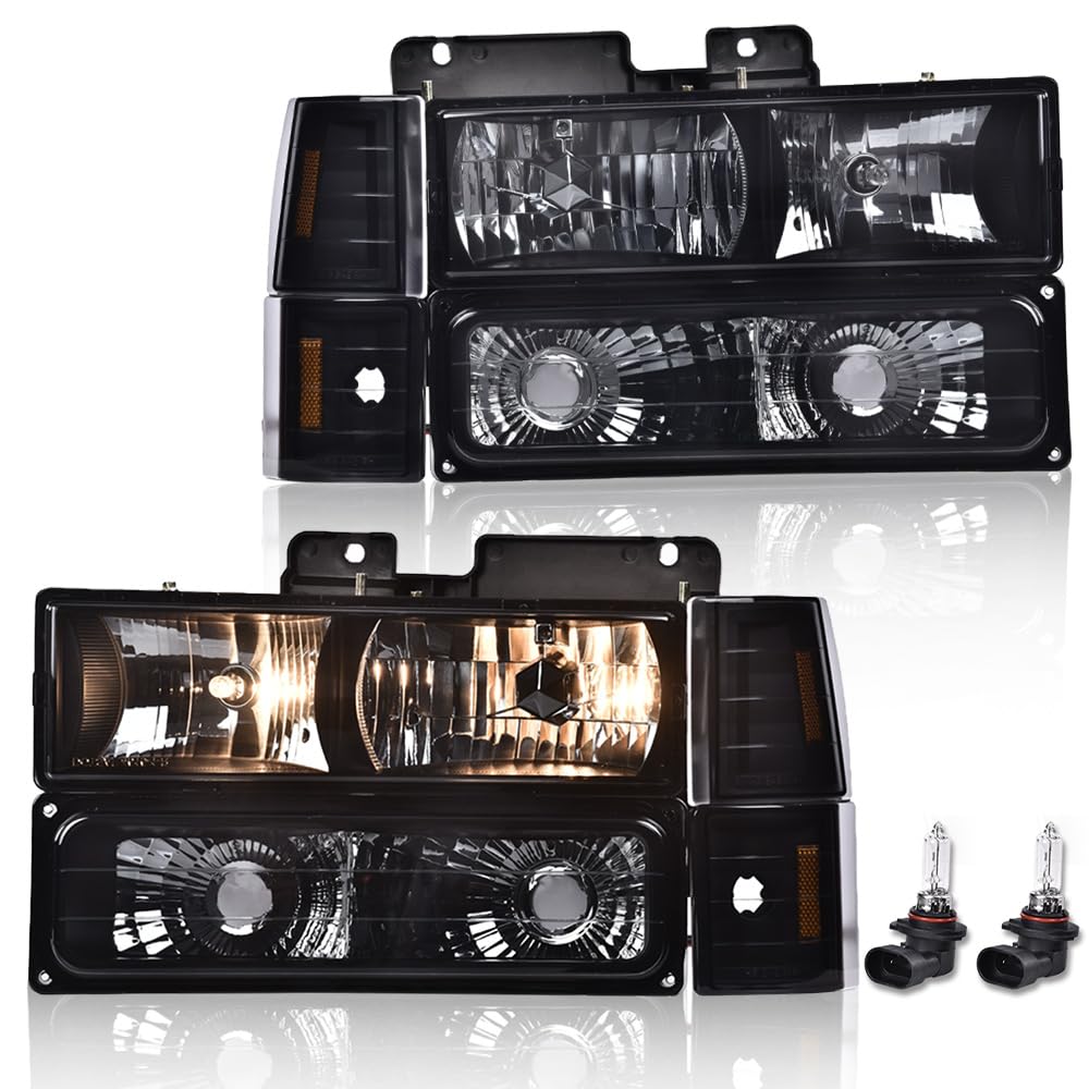 GRAND ORANGE Headlights Assembly, Compatible with GMC Sierra C/K Yukon 1500 2500 1994 1995 1996 1997 1998 Fit Chevy C/K C10 Suburban Corner Lamp（Smoky lens Black Housing Amber Reflector）