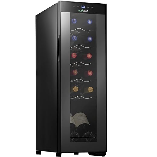 Nutrichef PKCWC120 Refrigerator-White & Red Chiller Countertop Cooler-Freestanding Compact Mini Wine Fridge 12 Bottle Capacity, Digital Control, Glass Door, Black