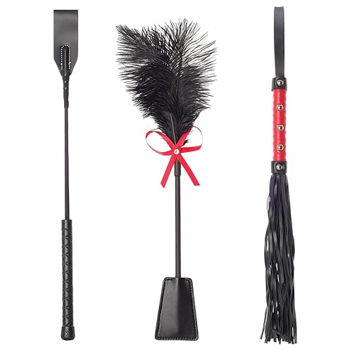 Fumwase 3 Pcs Sex Whip and Crop Set BDSM Whip Leather Horse Crop Feather Tickler for Adults Bedroom Play Sex Play Toys for Couples