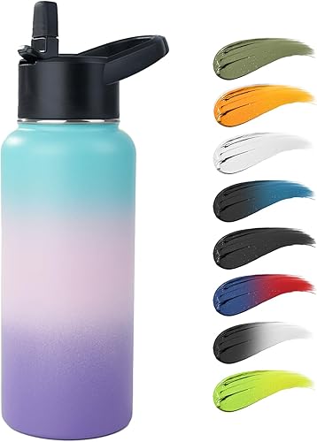 Kerilyn Botella de agua de acero inoxidable con popote y tapa de boca ancha, mango giratorio ancho, botella de agua aislada al vacío de doble pared
