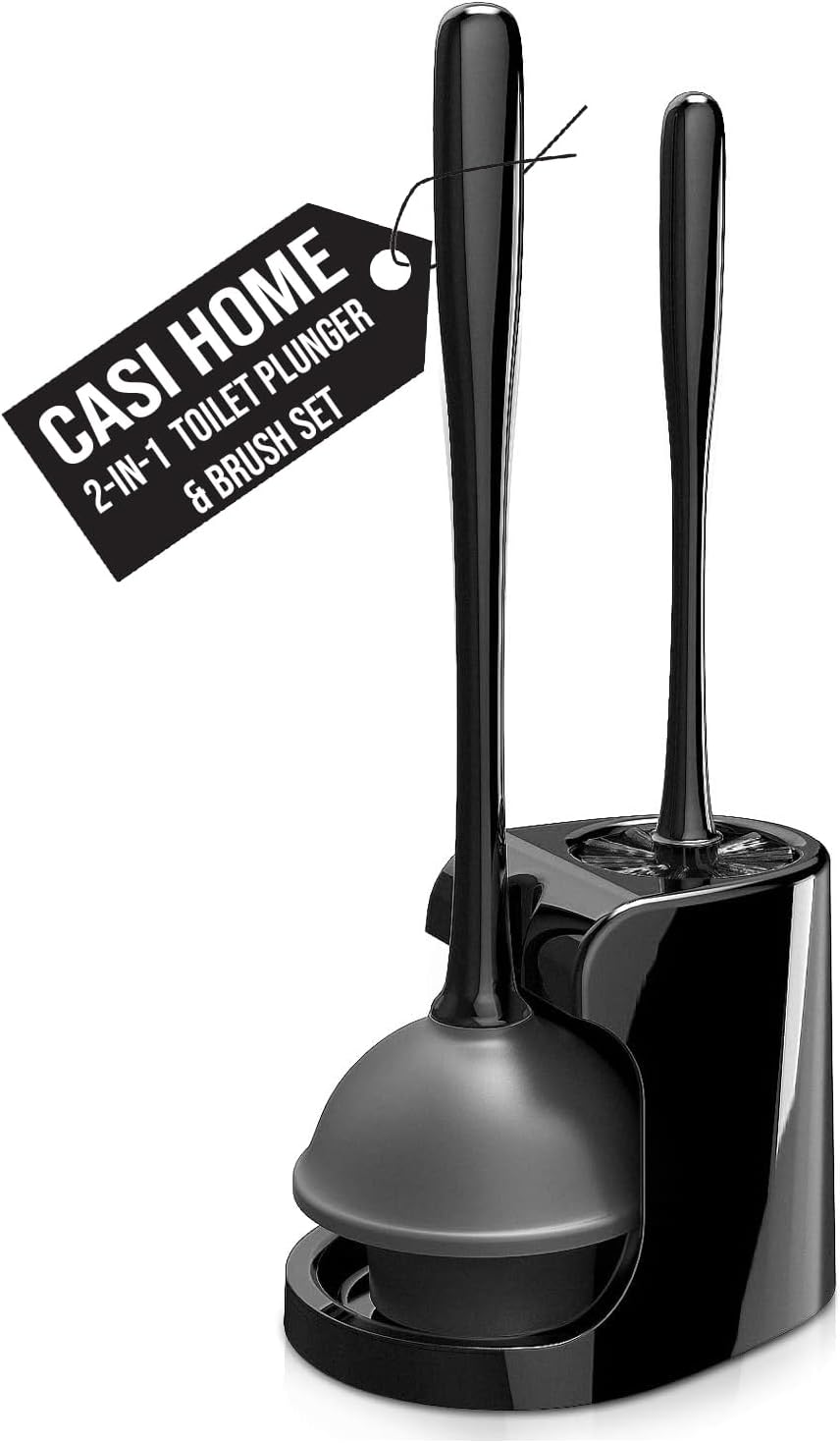 Black Toilet Brush and Plunger Set with Ventilated Holder
