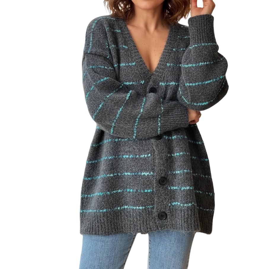 Button Down Cardigan Sweaters for Women Long Sleeve Fuzzy Knit Striped Oversized Open Front Fall Sweater Cardigans