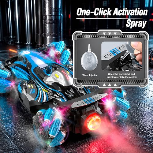 Image of VGRASSP 4WD Dual Control R1 Drift Stunt Mist Car Toy for Kids with Lights, Music - Rechargeable 360 Rotating RC Smoke Car with 2.4GHz Remote Control and Gesture Wrist Controller - Multicolor