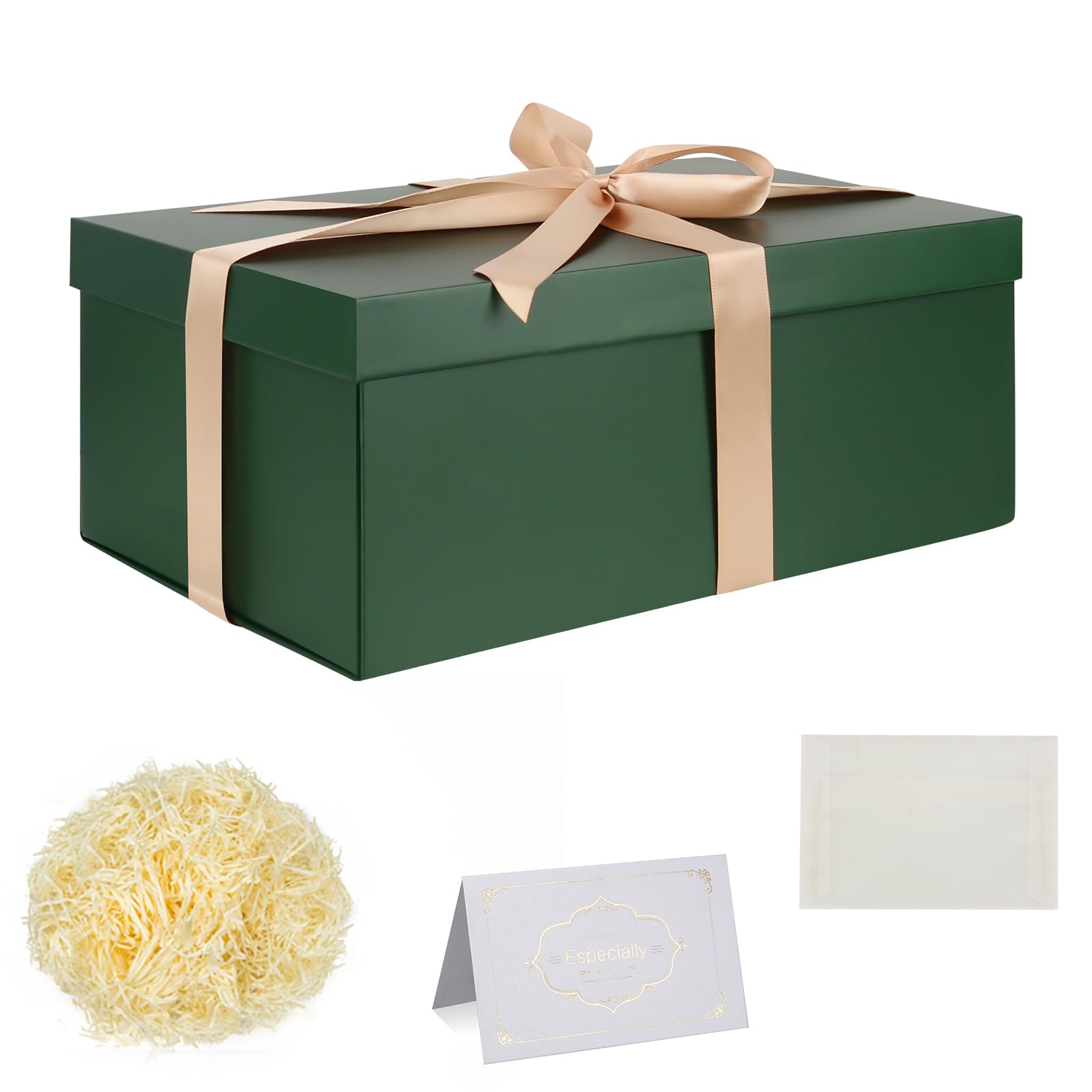 Gift Box Set, Green Gift Boxes with Lids 30 x 20 x 12 cm Large Gift Box with Ribbon Shredded Tissue Paper Greeting Cards for Christmas Birthday Wedding Anniversary