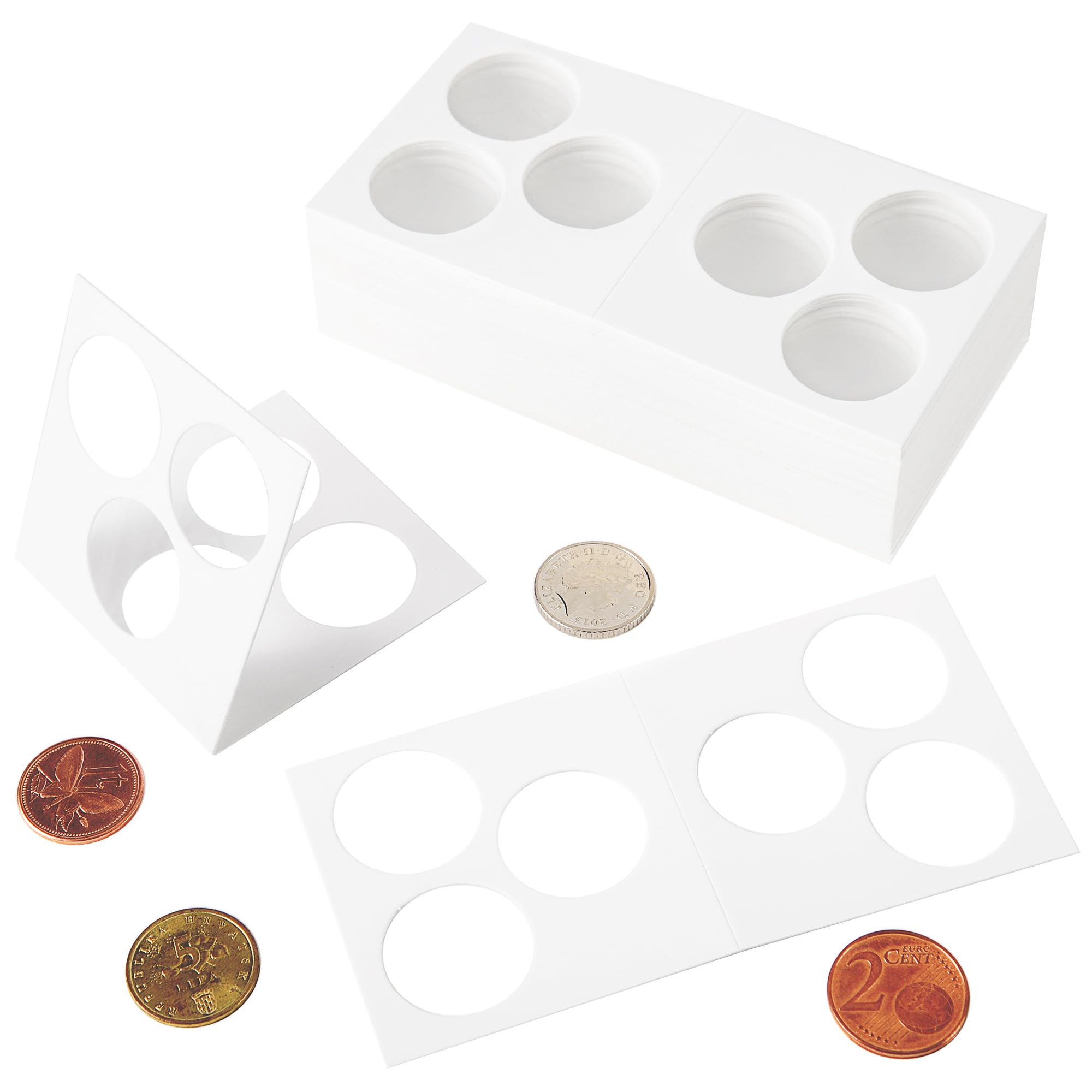 Coin Flips - 50 PCS Cardboard Holders for 2x2 inch Pockets CS07 (White Coin Flips Fits 2x2 inch grids, 3-Hole US Penny [Opening:20.5mm/0.8 in])