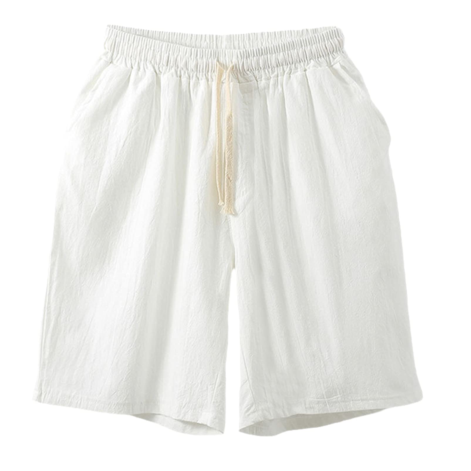 Kuendrem Summer Shorts Men Large Size Cotton Linen Elastic Waist Shorts