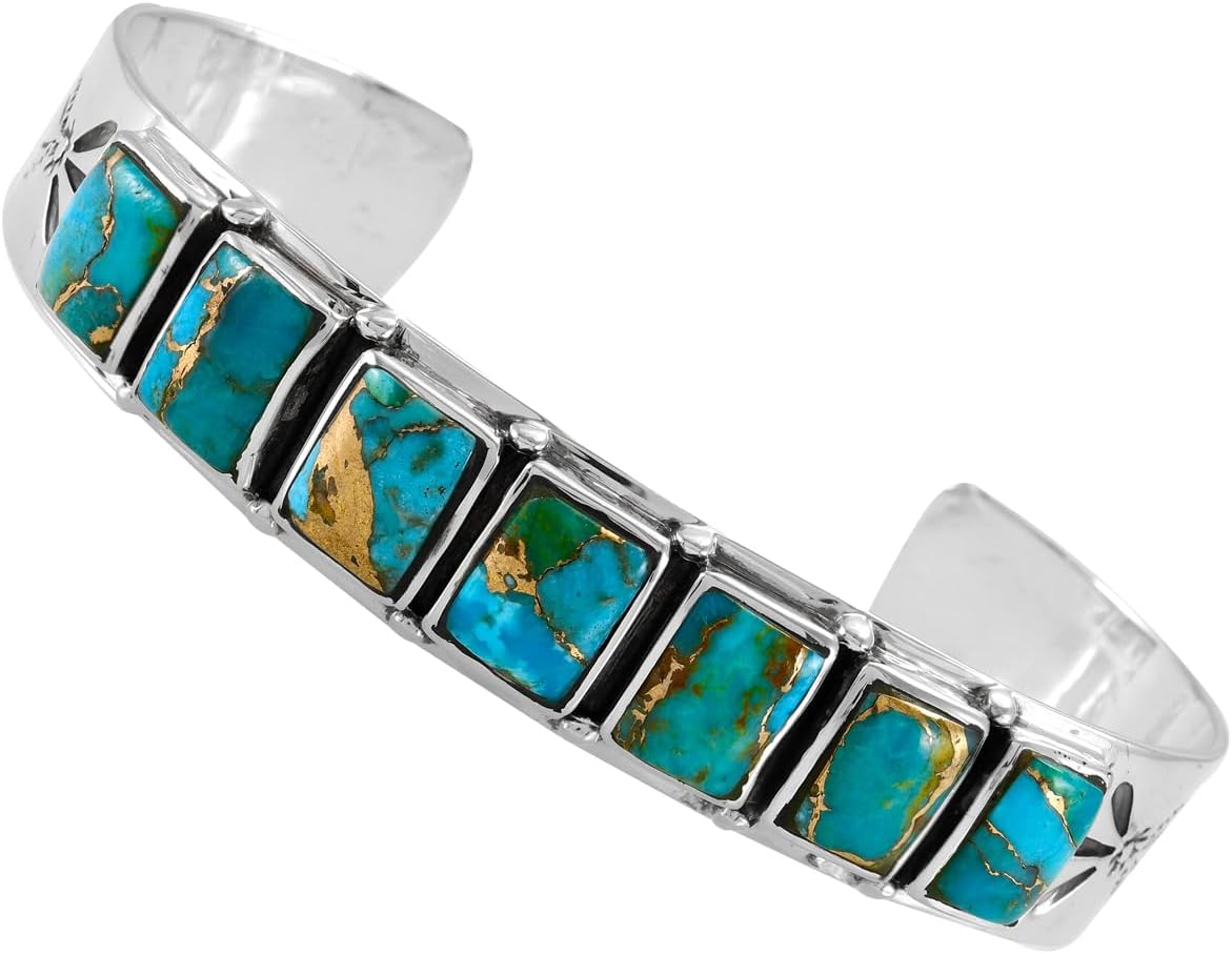Turquoise Bracelet Sterling Silver 925 Genuine Gemstones Cuff Bracelet