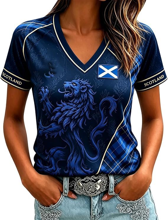 Scotland Fan Football Shirt Womens World Cup 2026 Short Sleeve Jersey Retro Graphic Printed V-Neck England Football Top Ladies Scotland T-Shirt Lightweight Fashion Summer Sports Clothing